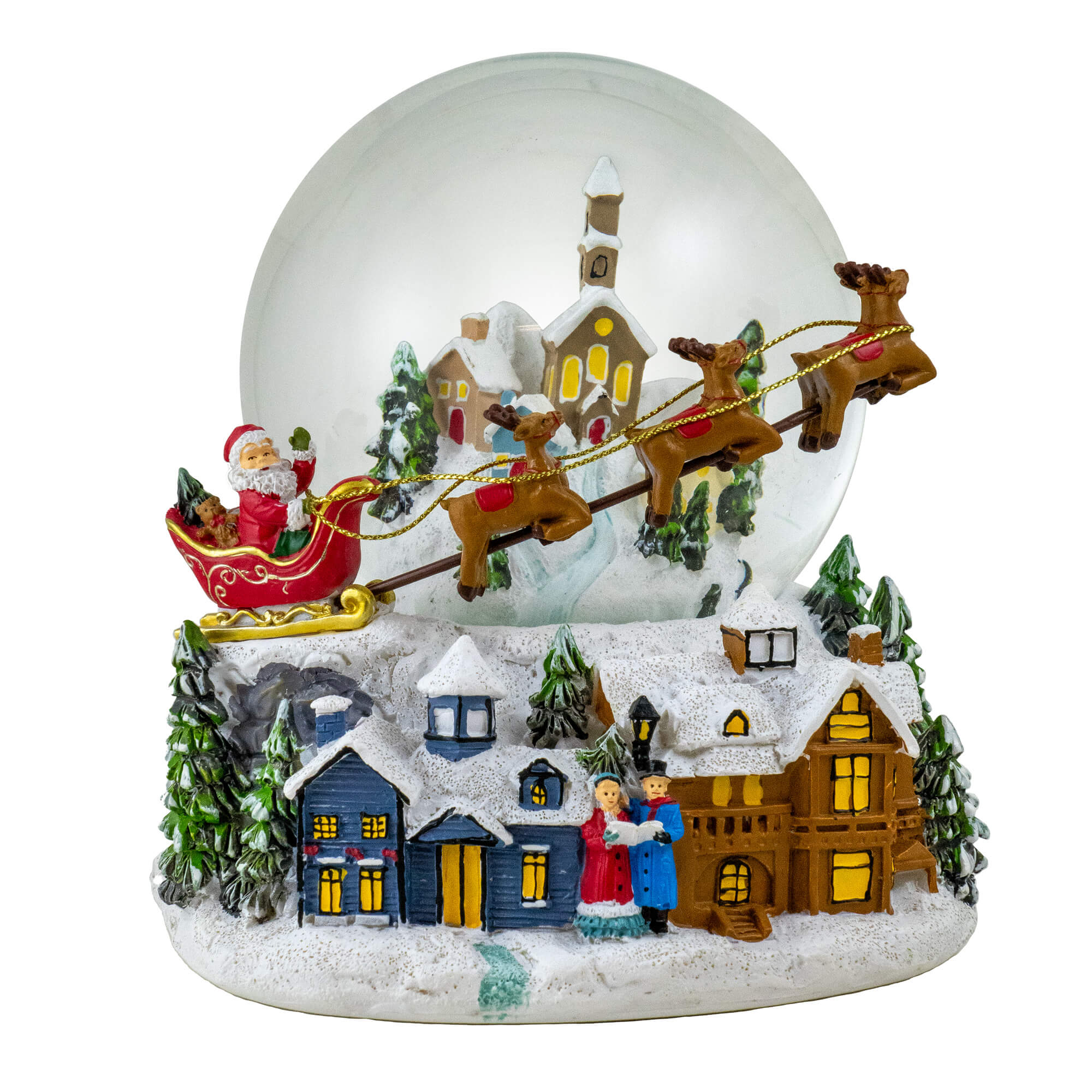 Santa w/ Reindeer Flying Over Village Snow Globe