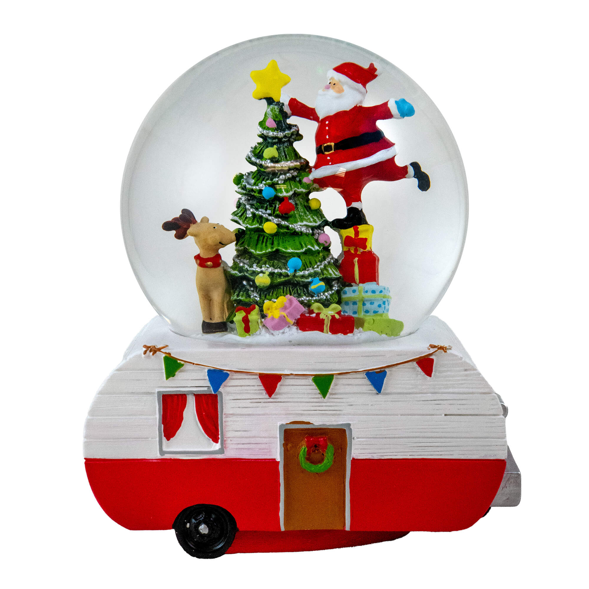 Santa Decorating Tree Snow Globe on Camper