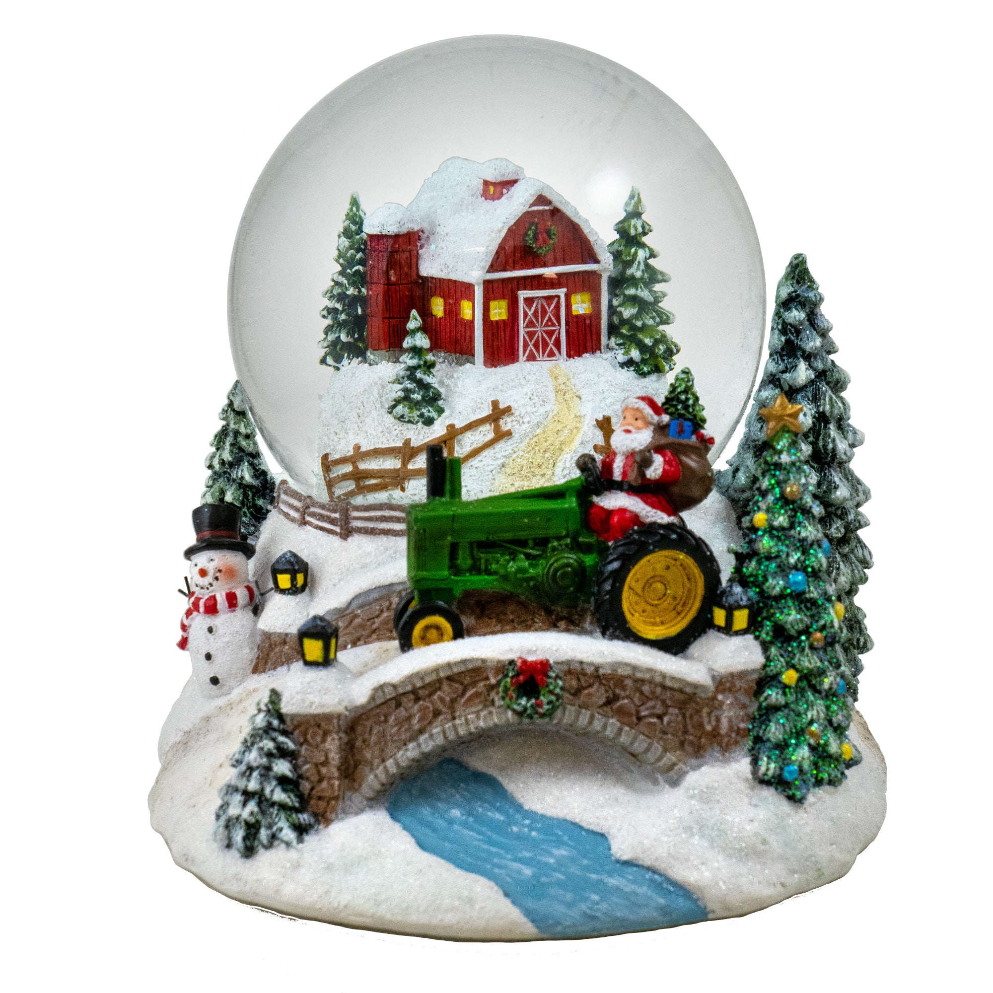 100MM Musical Christmas Barn and Tractor Snow Globe