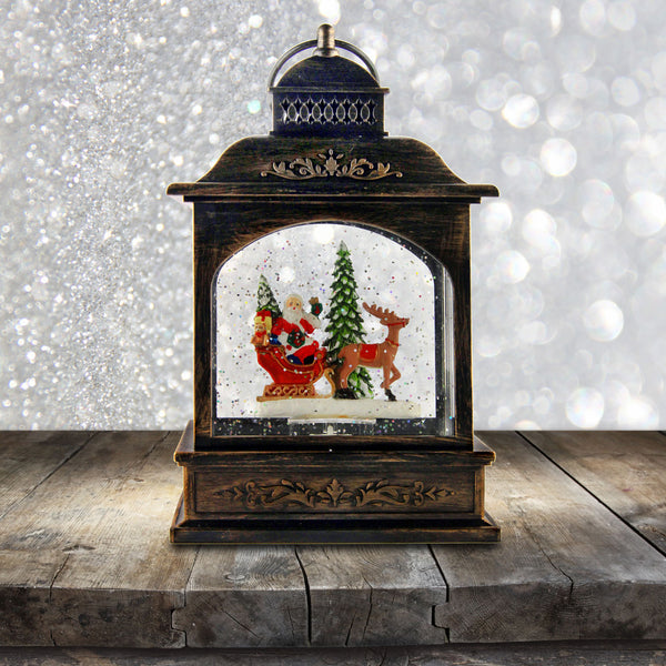 Santa on Sleigh with Reindeer Water Globe Lantern